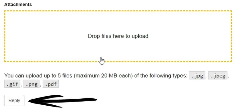 A screenshot of the upload documents field, that also explains you can add 5 files maximum 20 megabyte each and must be an image or PDF file. 