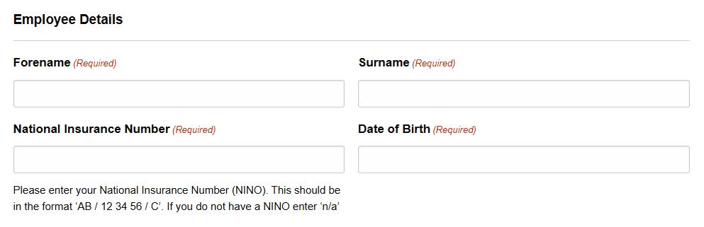 A screenshot of the employee details asking for name, national insurance number and date of birth. 