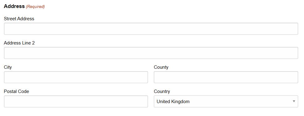 A screenshot of the address field requiring street address 1 and 2, town or city, county and postcode. 