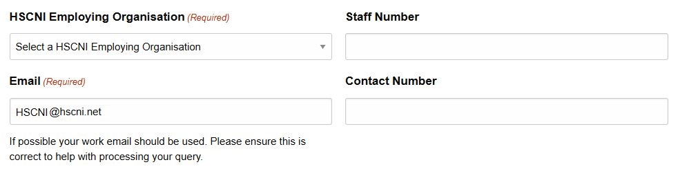 A screenshot of the employment details fields employing organisation, staff number, email address and contact number