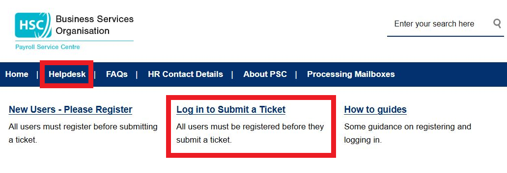 An image showing on the homepage where to click to submit your ticket